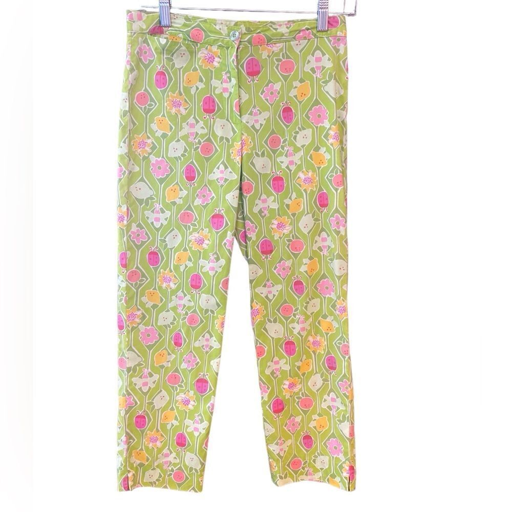 Lilly Pulitzer Sz 2 Lime Green Fuschia Pink a Floral Lemon Ankle Cotton Pants